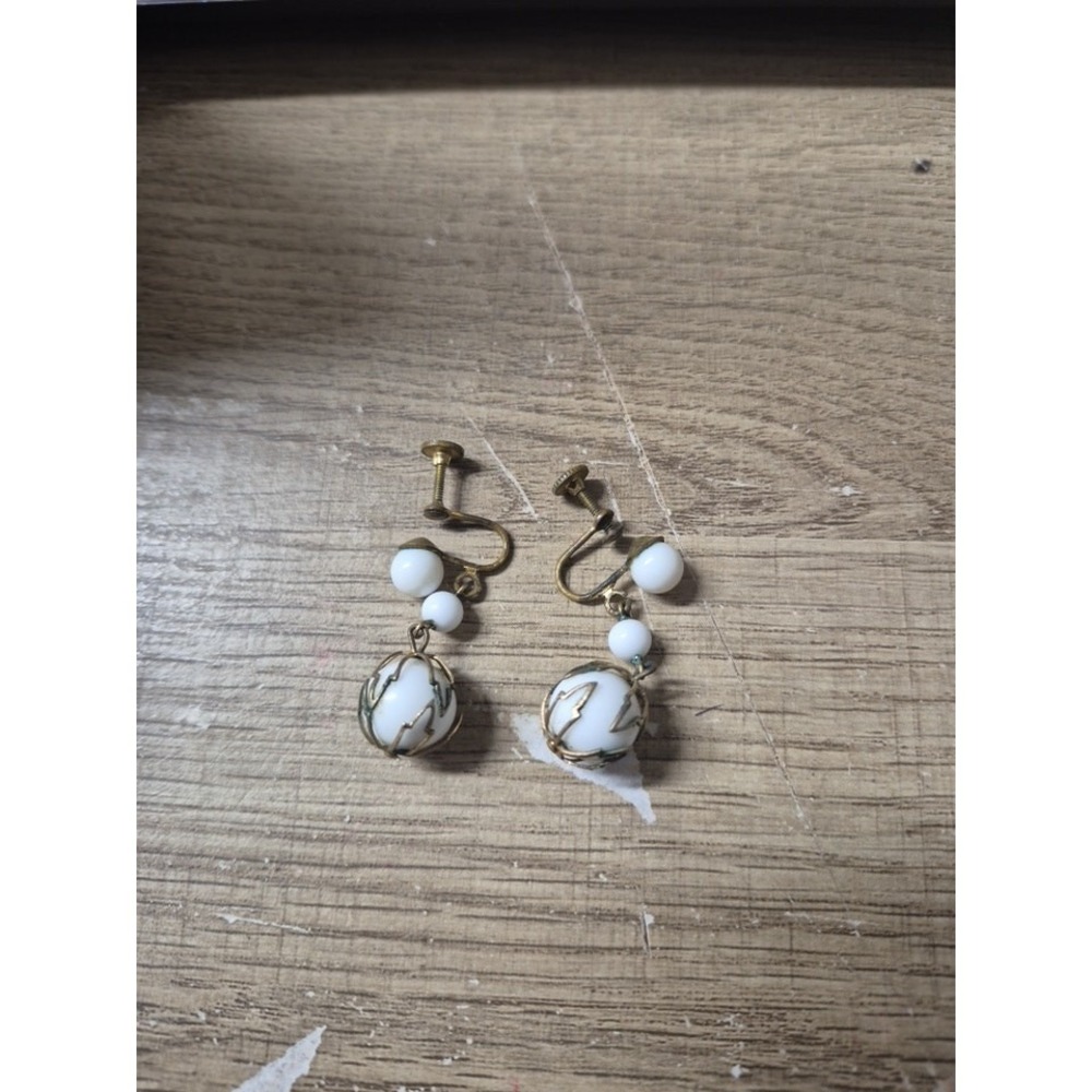 Antique Art Deco Milk Glass Dangle Earrings Screw Back Cage Filigree White Bead